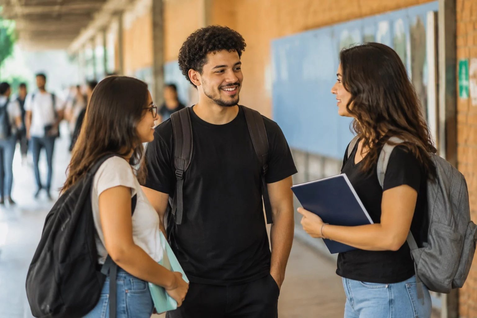 Estudantes com mochilas conversando no corredor de uma universidade