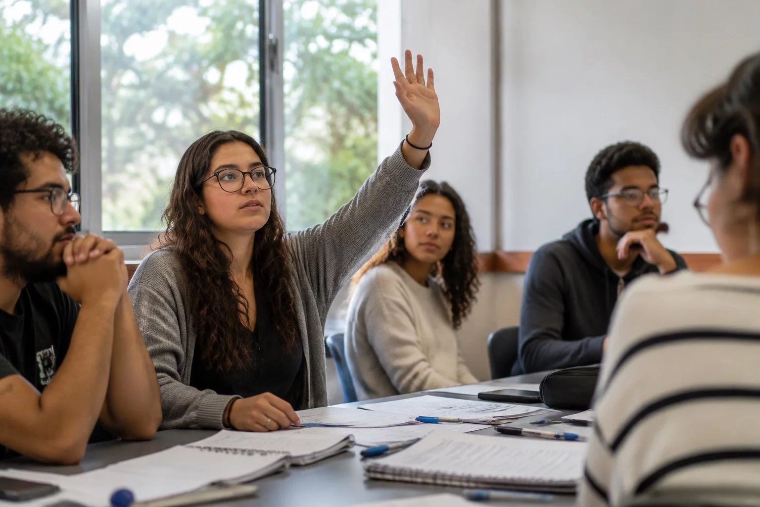 Estudante levantando a mão em uma mesa de seminário coberta de anotações