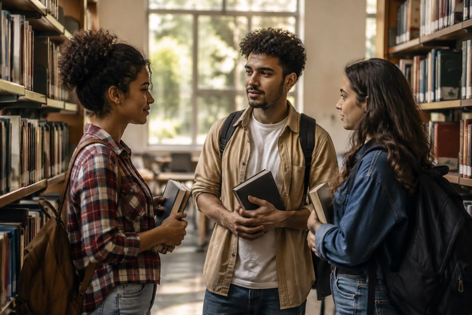 Estudantes conversando em pé entre as estantes de uma biblioteca