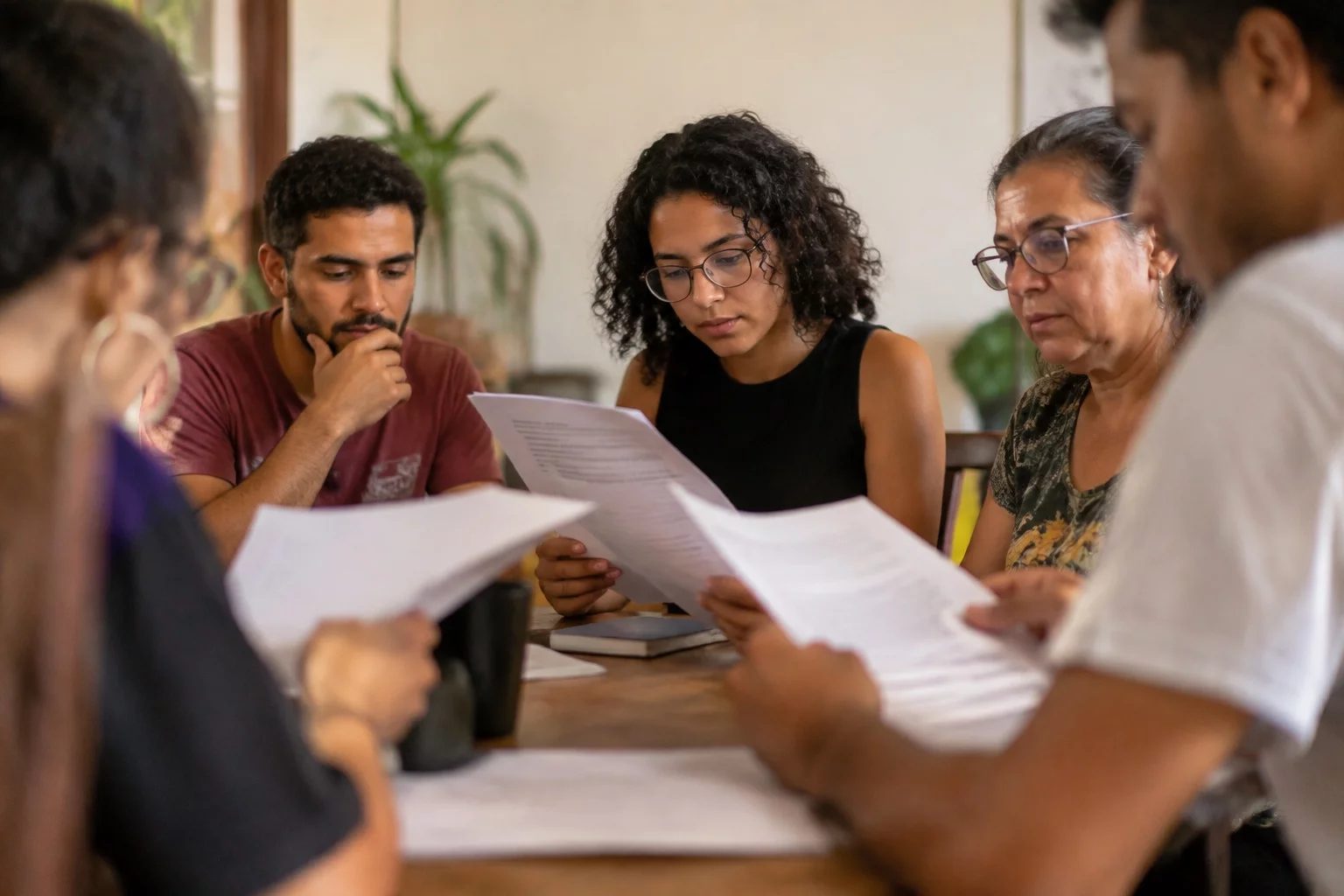 Grupo pequeno lendo páginas impressas de argumentos ao redor de uma mesa