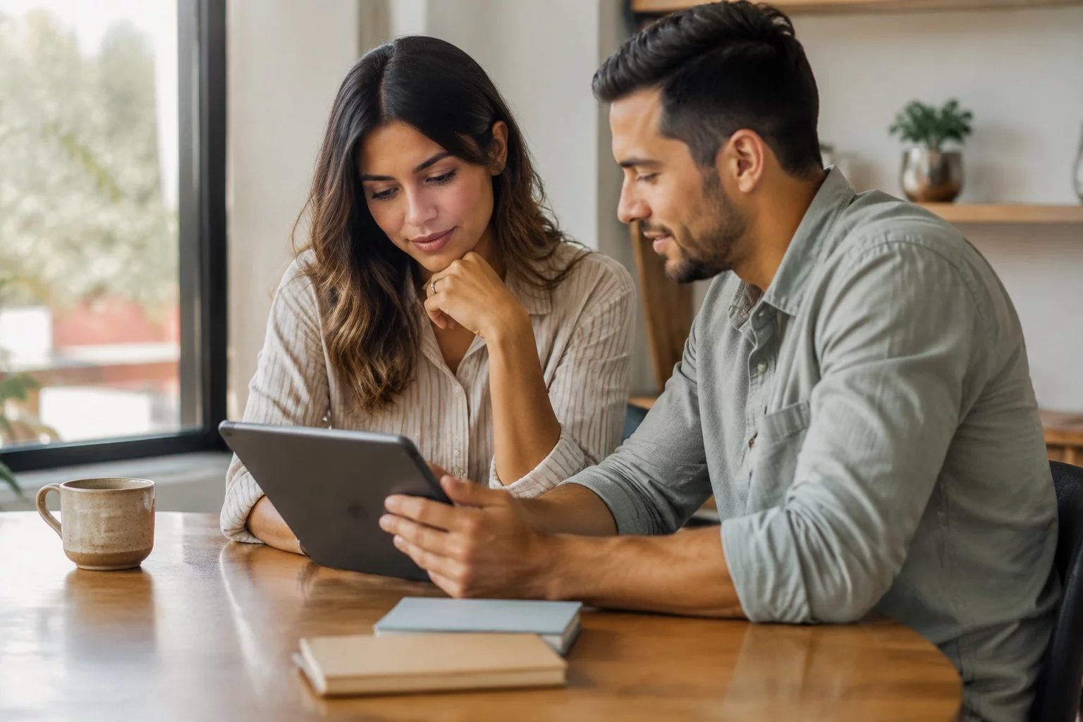 Duas pessoas revisando anotações em um tablet sobre uma mesa de madeira